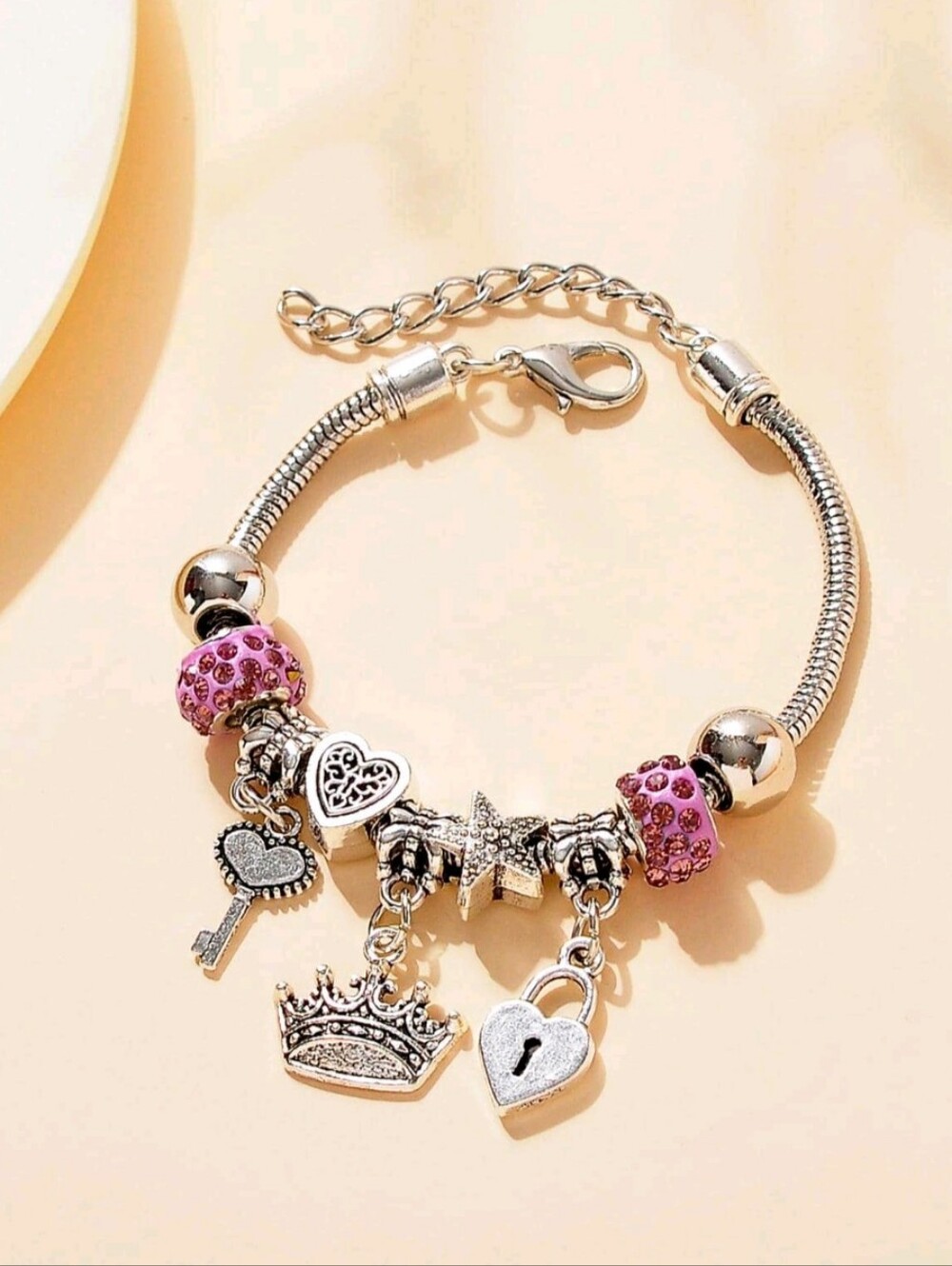 Crown and Heart Lock Shaped Charm Bracelet